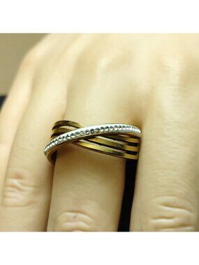 Pavé Glitz Ring Size 9 Stainless Steel Crossover Gold Tone Band Rhinestone